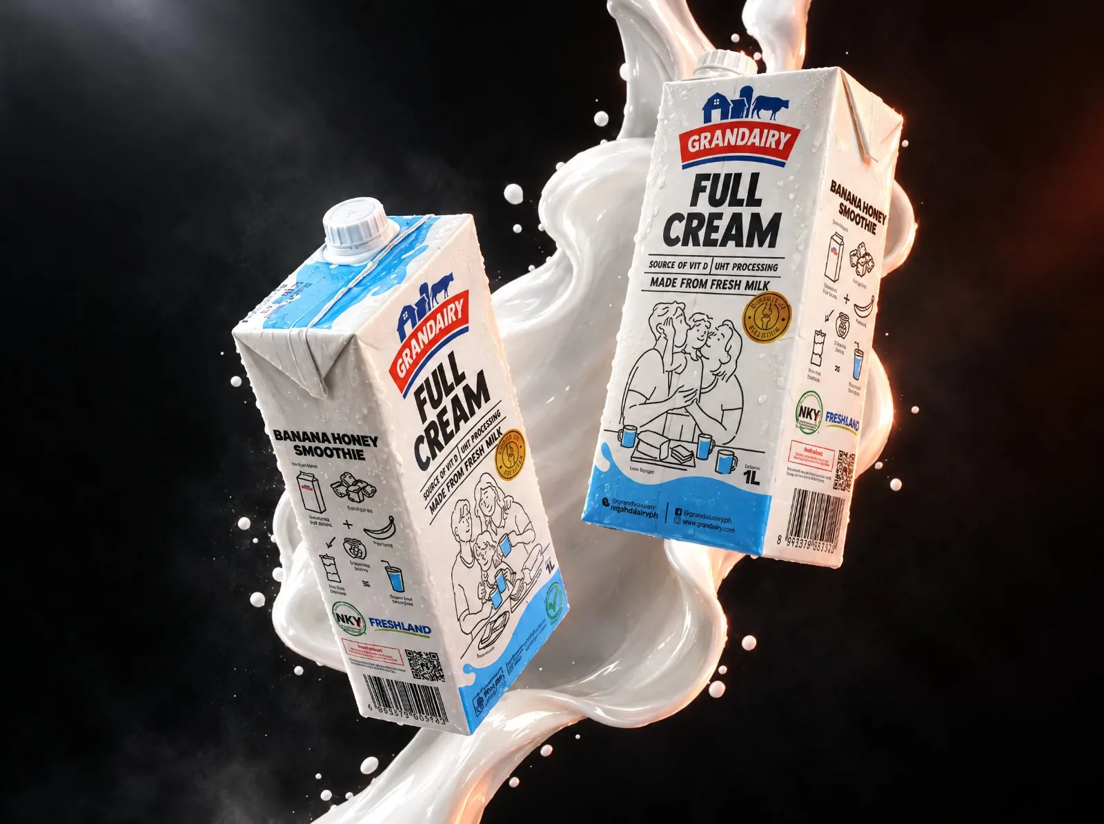 Grandairy milk packaging by EGGHEAD with a milk splash on a dark background